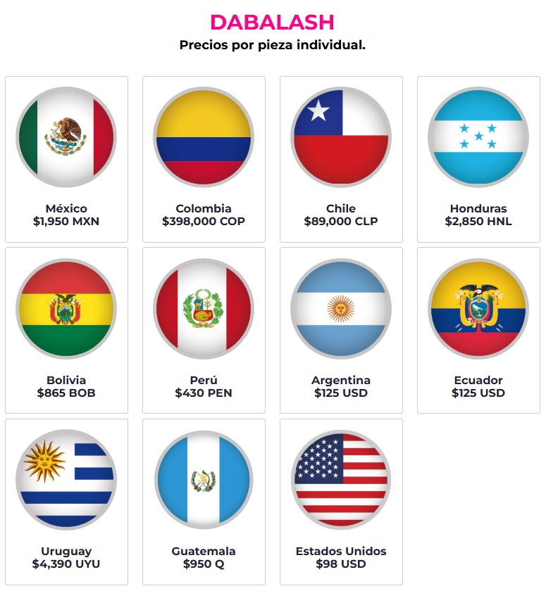 Precios del DABALASH en países como Colombia, Chile, Honduras, Bolivia, Perú, Argentina, Ecuador, Uruguay, Guatemala y Estados Unidos